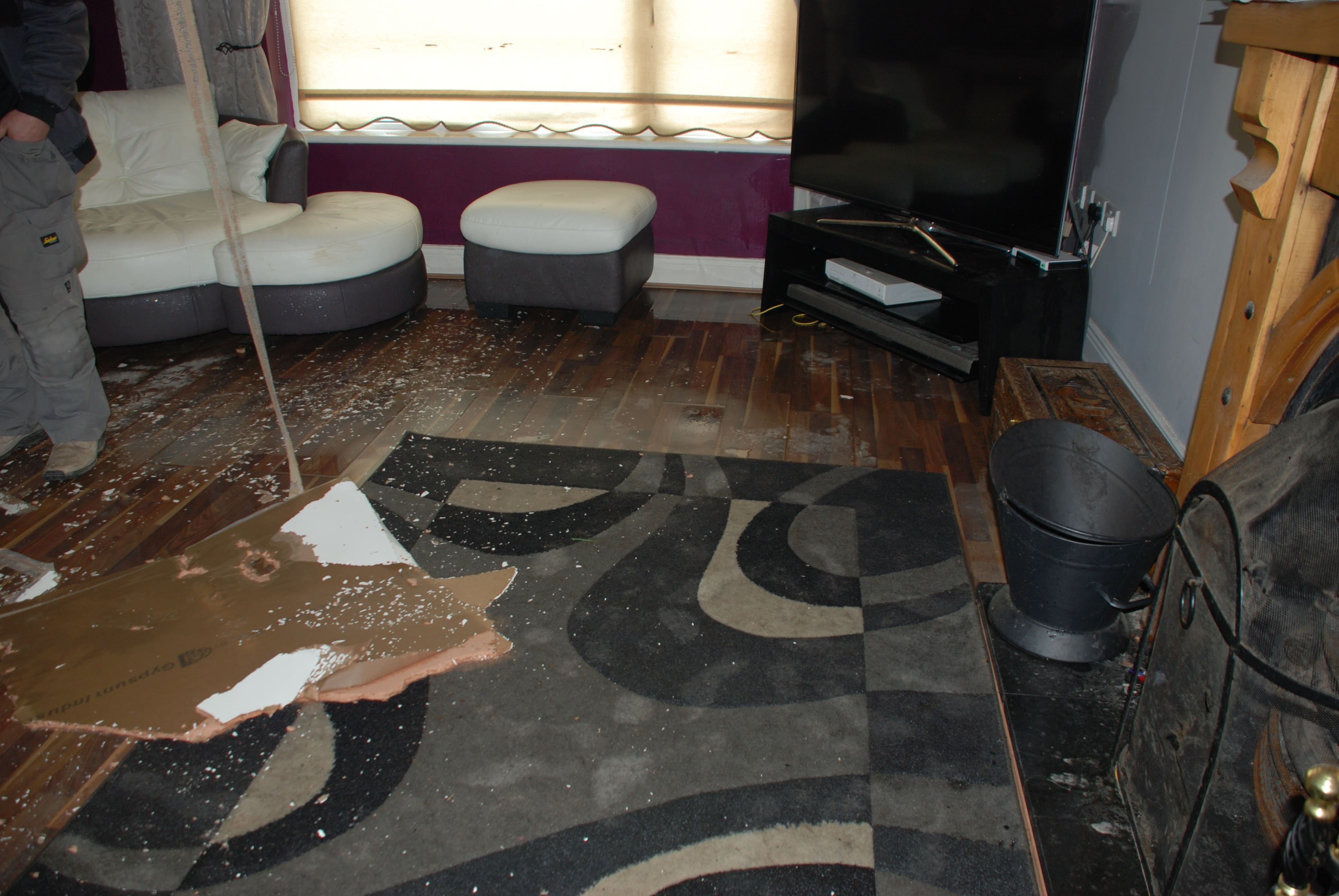 Attic Tank Leak - Burst tank in attic causes major damage 4 lounge floor after attic tank leak