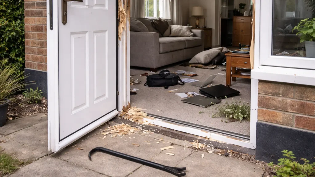 A domestic burglary scene with the front white door of a house left wide open. The wooden door frame is visibly smashed, splintered, and damaged near the lock mechanism. Wood debris and splinters litter the ground on both sides of the threshold. A black crowbar lies on the paved driveway just outside the door. Inside, the living room is rummaged, with items like backpacks, papers, electronic devices, and upended pillows scattered chaotically across the carpeted floor.