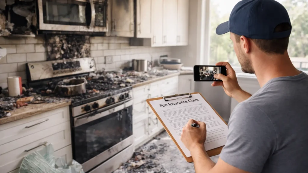 A man takes a photo of severe kitchen fire damage with his phone while filling out an insurance claim form on a clipboard.