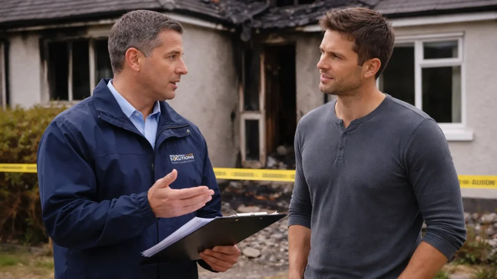 An insurance claim specialist explains the situation to a man in front of a heavily fire-damaged house, which is cordoned off with yellow tape.