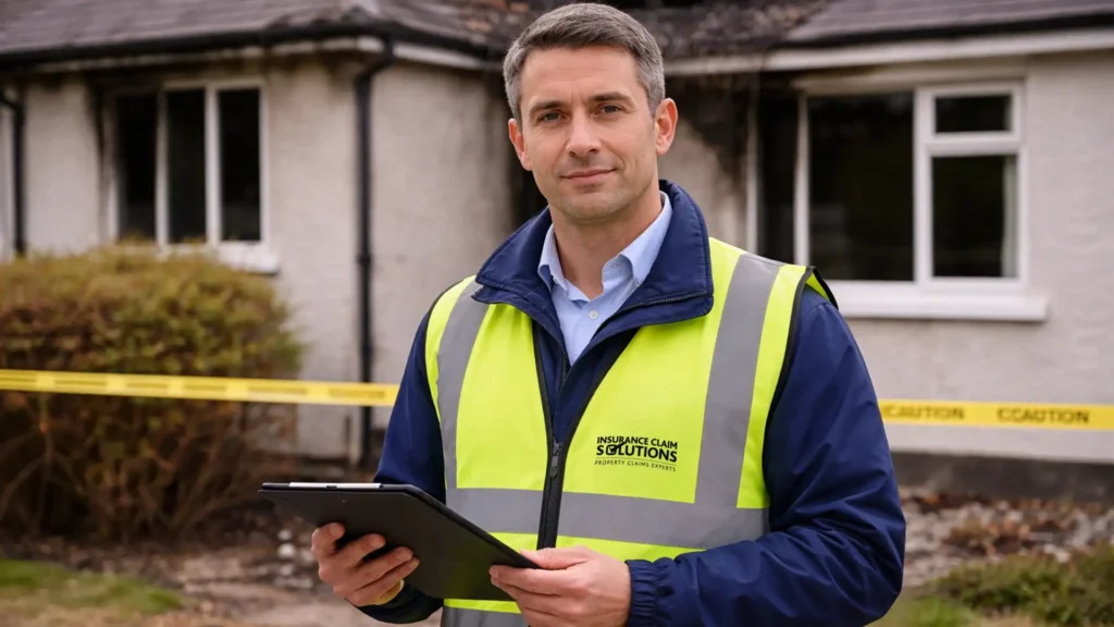 A male insurance claims specialist, was holding a tablet while inspecting a house that has suffered from extensive fire damage.