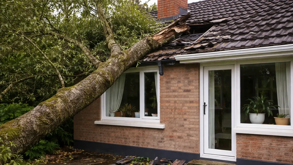 A large tree trunk fell on the roof of the house.