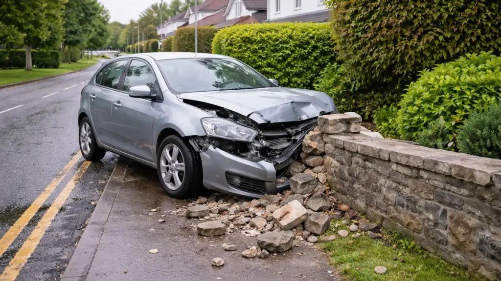 A car crashed into a rock on the boundary wall, with significant front-end damage and loose rocks scattered across the sidewalk.