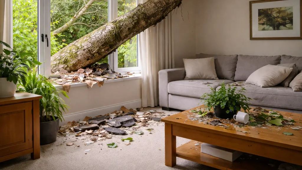 A fallen tree trunk has crashed into a living room, smashing the window and scattering debris across the floor and coffee table, illustrating significant property damage.
