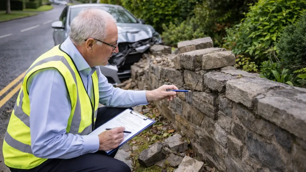 An insurance adjuster examines a car crash that has damaged a stone boundary wall.