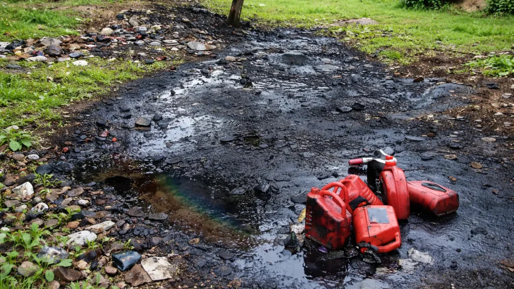 A large, dark oil spill on the ground, contaminating the soil and gravel. Several discarded red plastic jerry cans and containers are scattered within the oily sludge.