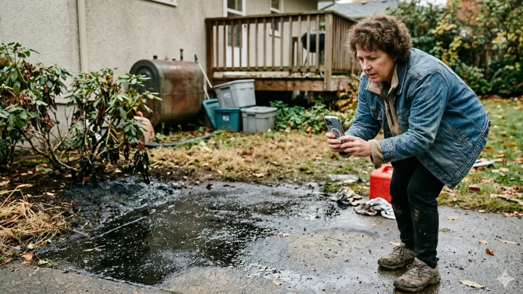 A woman crouches to photograph a large oil spill on her driveway using her smartphone. In the background, there's an oil tank and a deck.