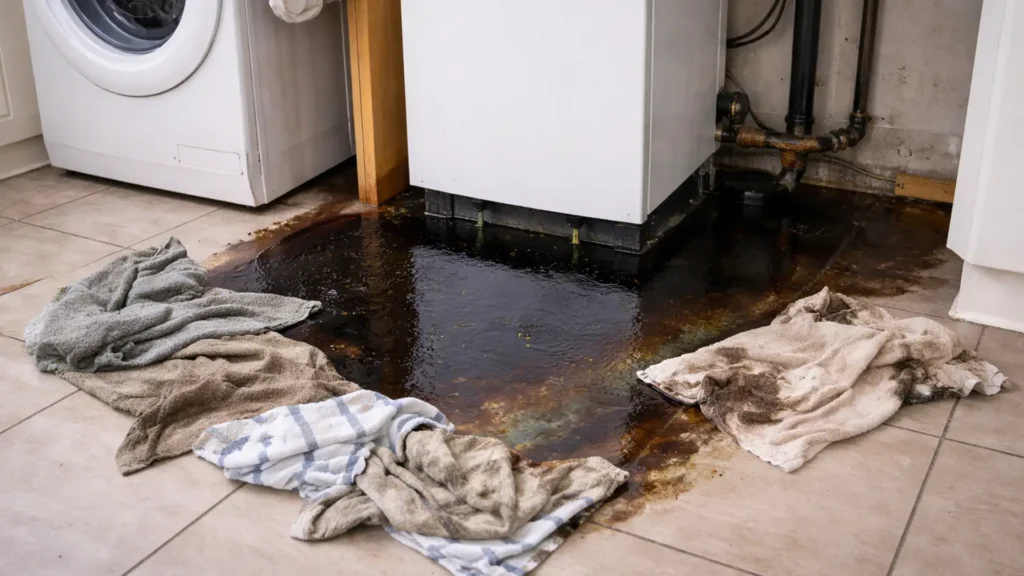 A large pool of dark, oily water covers a tiled floor in front of a white boiler unit, with towels scattered around attempting to contain the leak.