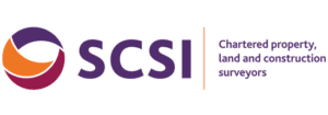 Society of Chartered Surveyors Ireland (SCSI) logo with tagline, used as an accreditation badge across Insurance Claim Solutions pages.