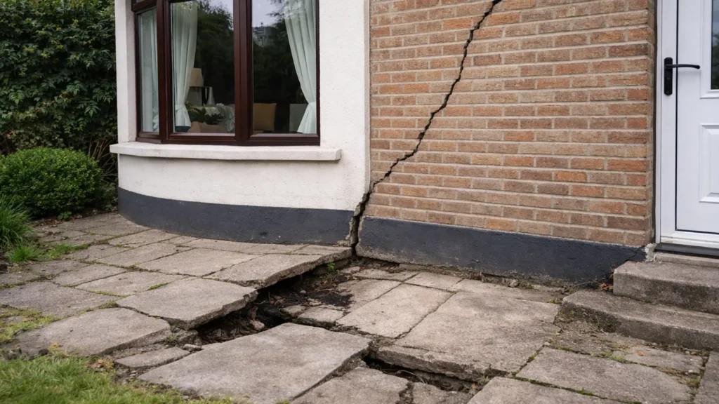 A house exterior with a severe structural issues, including a large diagonal crack in the brickwork and a severely cracked and subsided concrete slab patio | Subsidence Damage