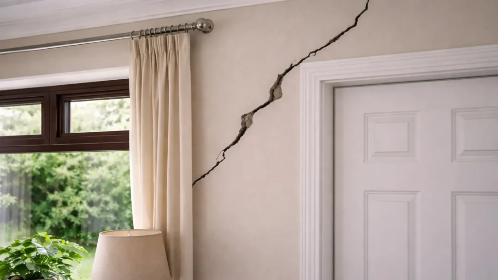 A severe diagonal crack in the interior plaster wall of a room, extending from above the door frame towards the ceiling and near the curtain rod | Subsidence Damage
