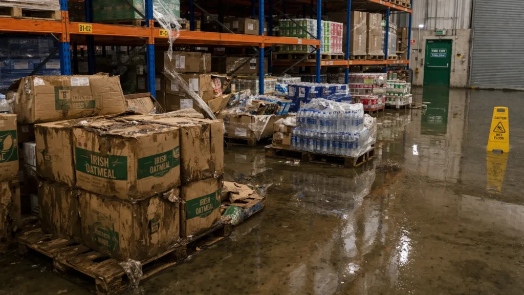 A warehouse is flooded, damaging stacks of oatmeal boxes and bottled water pallets. Also their is a caution, wet floor sign stands in the dirty standing water.