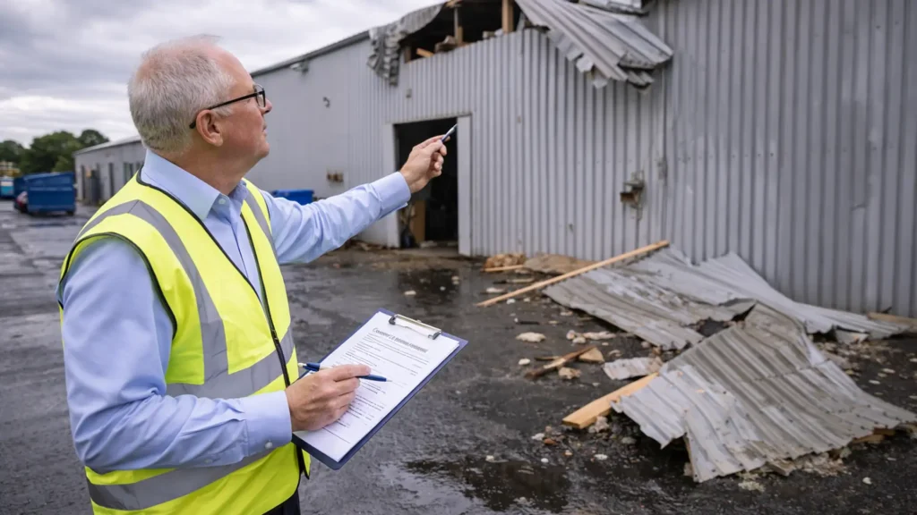 A building inspector assesses the storm damage to a warehouse.