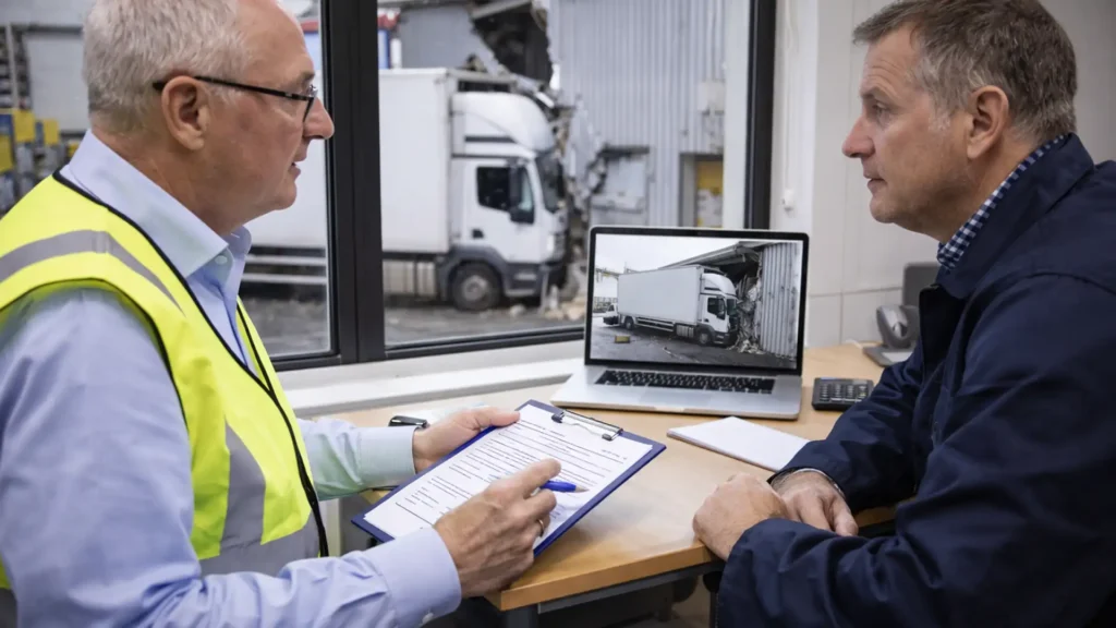 A safety inspector discusses a truck accident with a driver.