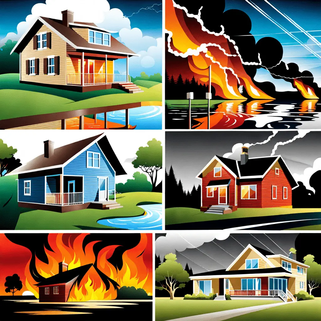Loss Assessor image of multiple properties with various damages , in a cartoon render
