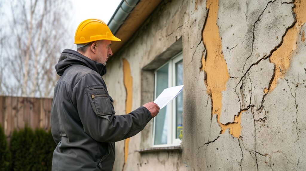 How to Deal with an Insurance Adjuster After Water Damage 5 man with a heavy jacket and yellow hard hat holding a piece of paper assessing a cracked siding wall