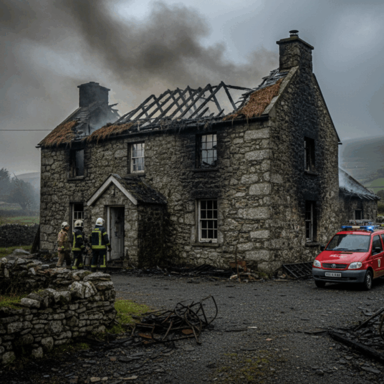 A two-story stone cottage with severe fire damage and smoke rising from it, while three firefighters stand near the front entrance and a red emergency vehicle is parked nearby | Fire and Smoke Damage Insurance Claims