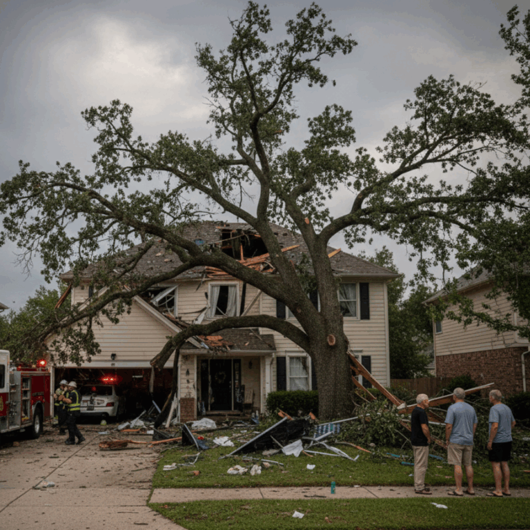 A large tree trunk has crashed through the roof and upper floor of a two-story suburban house, causing significant damage. Debris is scattered across the lawn and driveway | Can I Claim on Insurance for a Fallen Tree?