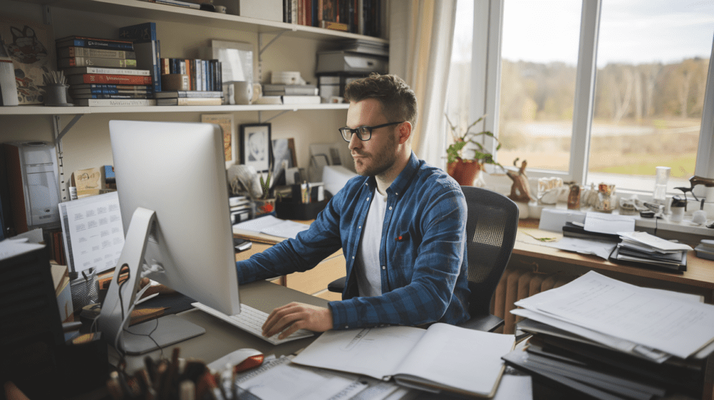 A photo of a loss assessor working on a computer. He is seated at a desk in a cozy home office. 