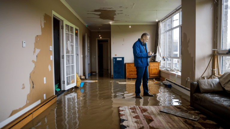 A man standing on a flooded living room, writing on a clipboard while inspecting the extensive water damage to the walls, floor, and ceiling | What Is a Loss Assessor and Why You Need One