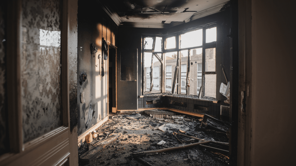 A photo of a fire-damaged apartment in Dublin, with charred walls, a broken window, and debris scattered across the floor.