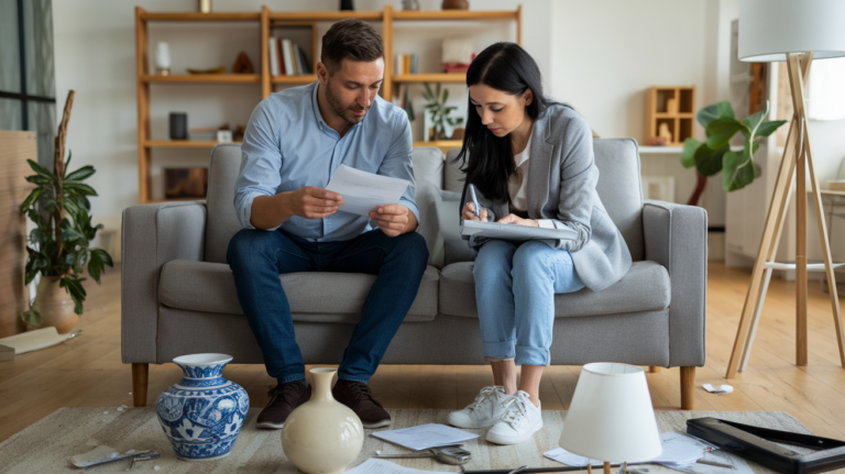 A man and a woman sit on a grey sofa, reviewing documents amidst broken vases and a lamp | Home Insurance Claims Advice: Your Essential Guide for a Smooth Resolution in Ireland
