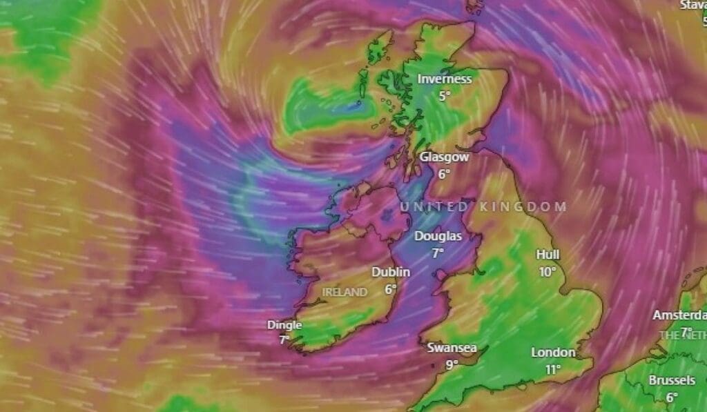 Radar map of Storm Éowyn's wind speeds impacting Ireland (Dublin, Dingle) and neighbouring regions, highlighting storm intensity for homeowners assessing insurance claims after January 2025 weather damage