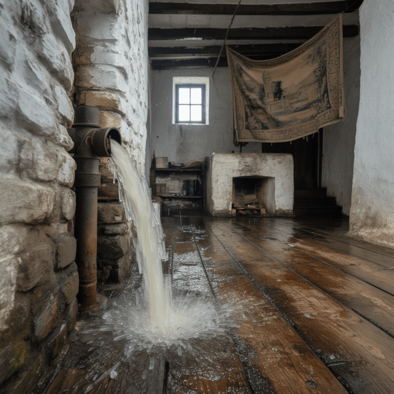 Water gushes from a burst pipe inside a rustic, stone-walled room, flooding the dark wooden floor | Burst Pipe Insurance Claim Guide