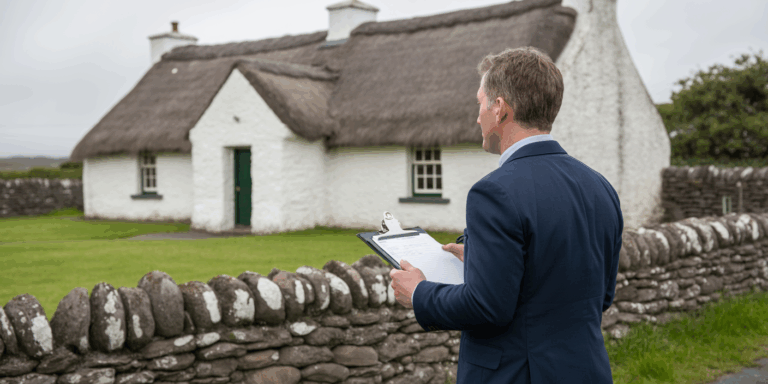 A man stands in the foreground holding a clipboard, looking toward a traditional white washed cottage with a thatched roof and green door. The cottage is surrounded by a low stone wall and a green lawn | Top 5 Reasons You Need a Loss Assessor