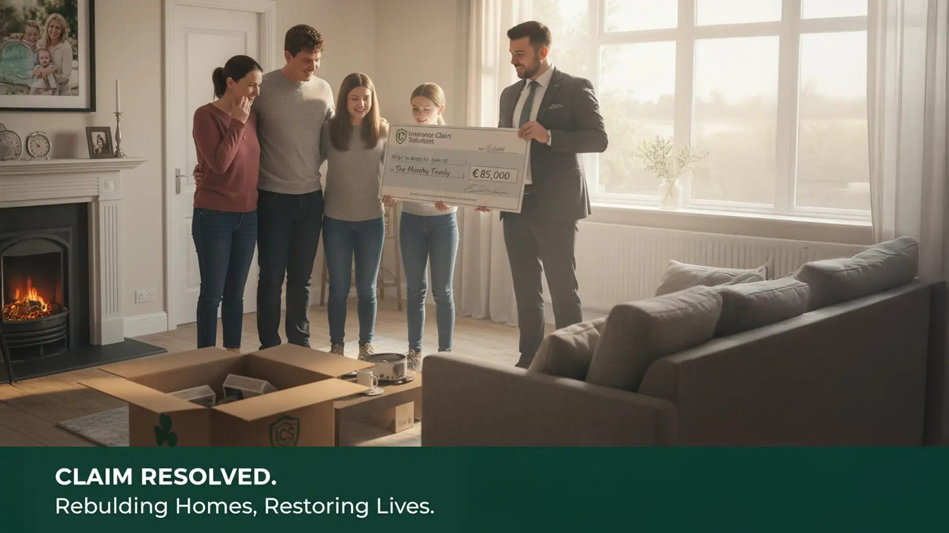 A happy family in a restored living room receives a large insurance settlement check for €85,000 from a loss assessor, symbolizing a resolved fire damage claim and the rebuilding of their home in Ireland.