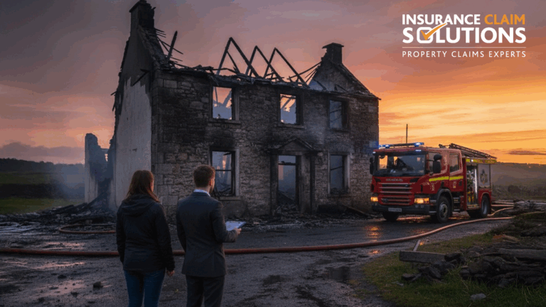 Burnt-out Irish house after fire with firefighters and loss assessors on site, highlighting the devastation caused by house fires.