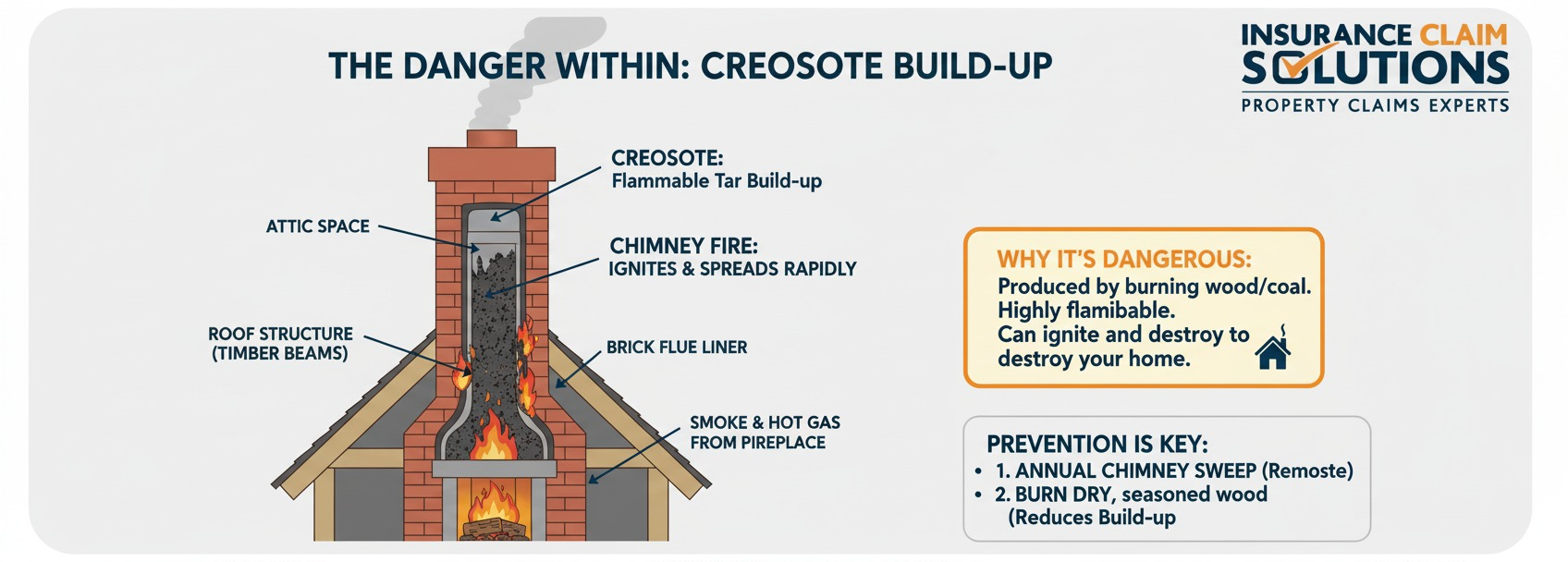 Infographic showing chimney creosote build-up dangers, with diagram of flammable tar deposits inside a brick flue causing chimney fires that spread to attic and roof. Highlights risks from burning wood or coal, explains why creosote is dangerous, and advises prevention through annual chimney sweeping and burning dry seasoned wood