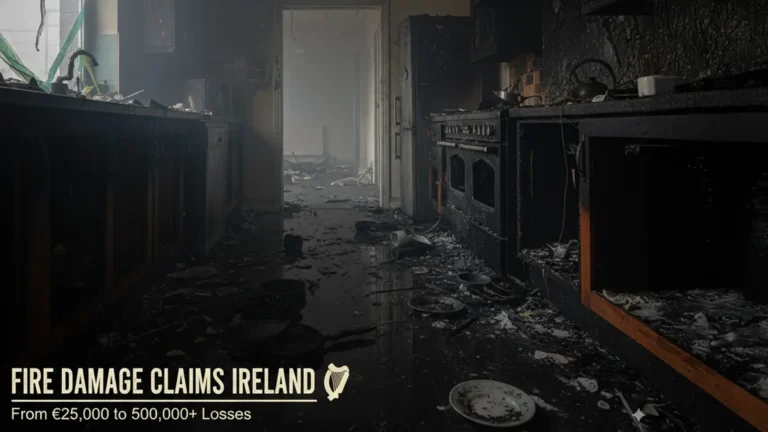 Devastated kitchen interior after a house fire in Ireland, showing extensive smoke and fire damage to cabinets, appliances, and walls, illustrating the severity of fire damage claims in Ireland.