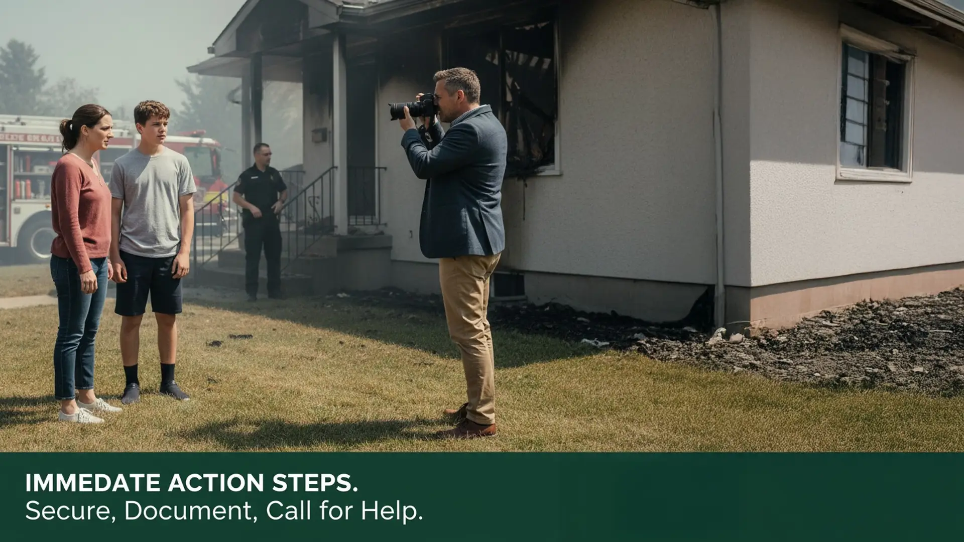 A man photographs a fire-damaged house while a woman and a teenage boy stand nearby, with a fire truck and police officer in the background, depicting the immediate action steps for fire damage insurance claims in Ireland.