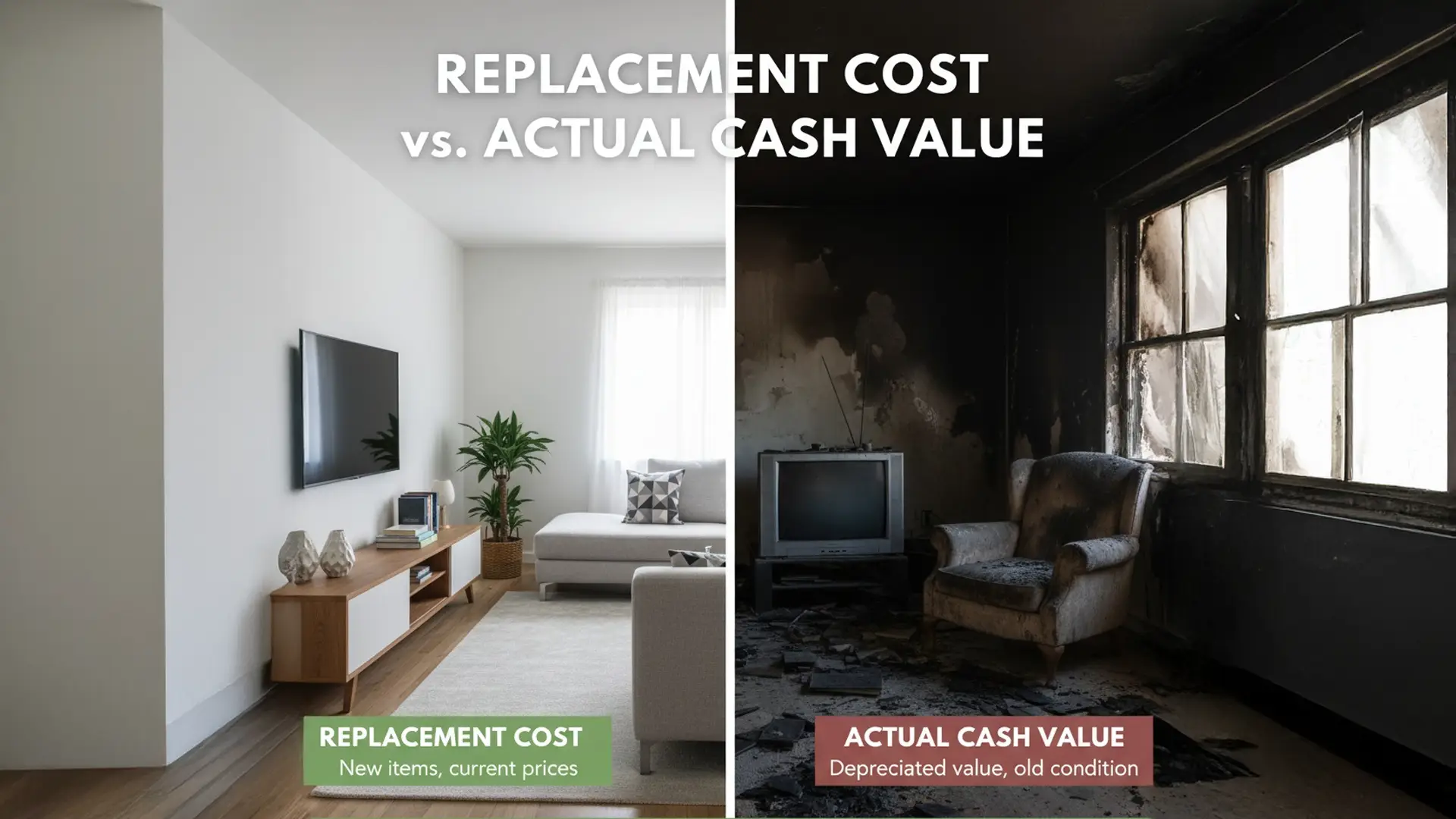 A split image contrasting a modern, undamaged living room (Replacement Cost) with a fire-damaged, charred room showing an old television and armchair (Actual Cash Value), illustrating the difference in insurance payout types for contents after a fire