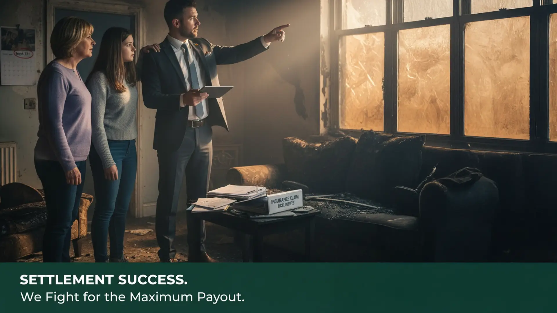 A loss assessor points towards extensive fire damage in a client's living room, with a mother and daughter looking on, signifying successful settlement negotiation for a fire damage claim in Ireland