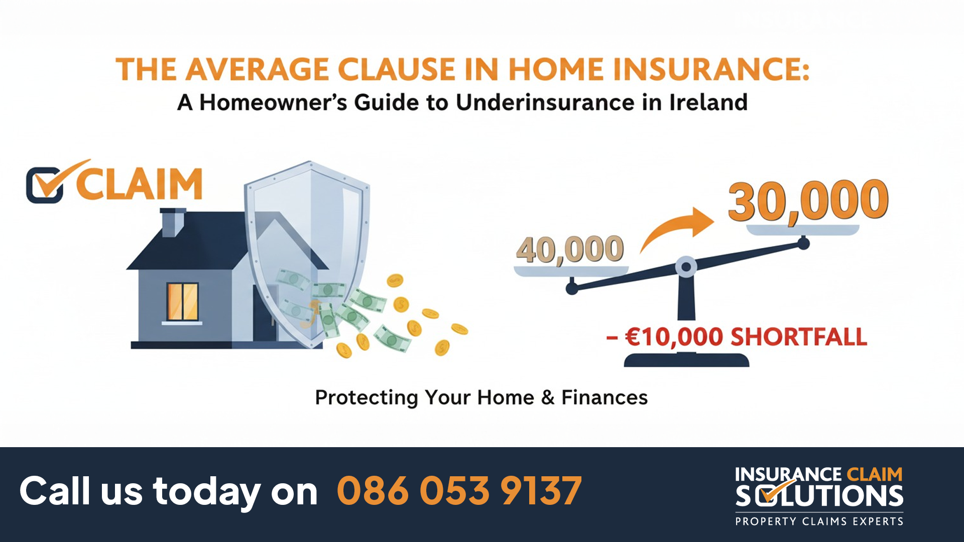 The Average Clause in Home Insurance: A Homeowner's Guide to Underinsurance in Ireland 3 Infographic explaining the average clause in Irish home insurance, showing €40,000 claim reduced to €30,000 due to underinsurance, creating a €10,000 shortfall.