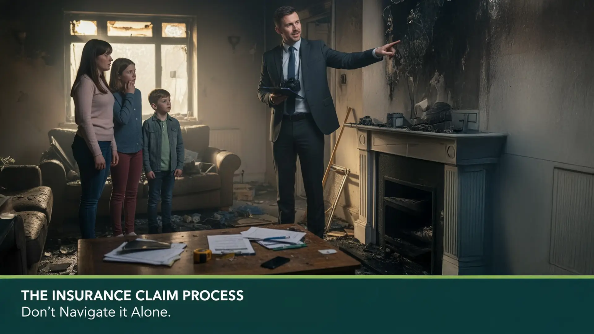 An insurance adjuster in a suit points to fire damage on a wall while a concerned family, including two children, observes in their smoke-damaged living room, representing the insurance claim process for fire damage in an Irish home.