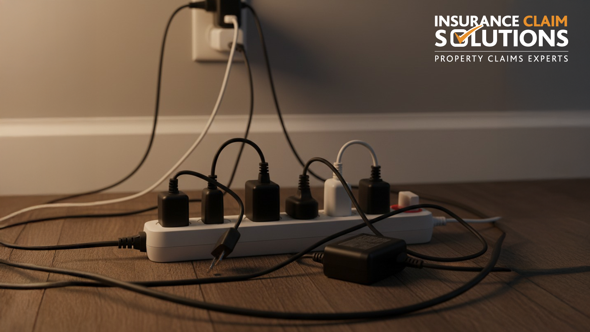 Common Causes of House Fires in Ireland and How to Prevent Them (2025 Data) 3 Overloaded power strip with multiple plugs and tangled cords on floor, highlighting household fire risk from unsafe electrical use