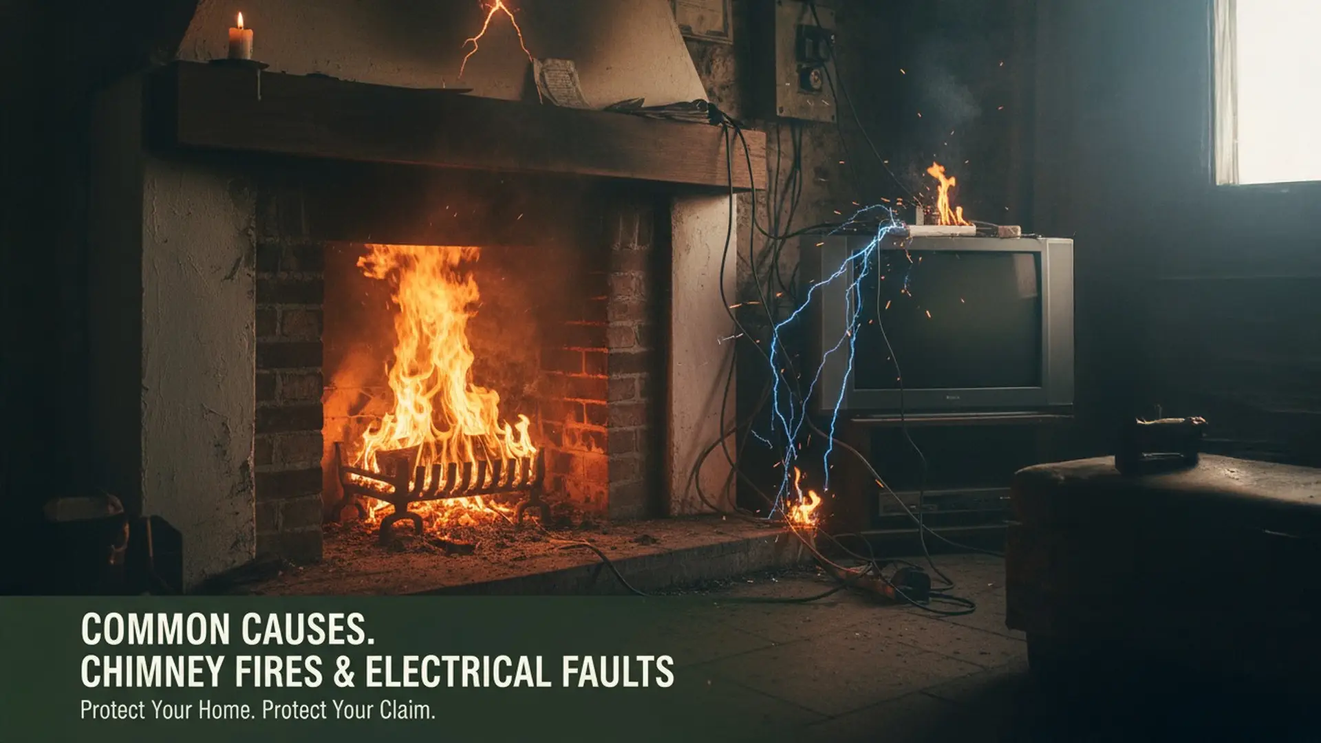 A fireplace with a roaring fire and a cracked chimney, alongside sparking electrical wires near a television, illustrating common causes of house fires in Ireland like chimney fires and electrical faults.