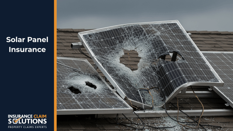 A roof mounted solar array with two panels severely smashed and shattered. Large impact holes pierce the glass of both panels, sending shards across the surface. Exposed wires and fragments litter the roof below the broken frames.