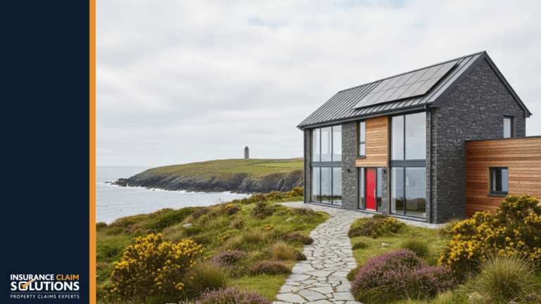A contemporary coastal home featuring dark brick cladding, extensive glass windows, and a vibrant red front door. It is set on a lush green cliffside overlooking the sea, with a stone walkway leading from the foreground. The home includes a pitched roof with solar panels and some light wood panel accents | Solar Panel Insurance: How Solar Panels Affect Your Home Insurance in Ireland 2025