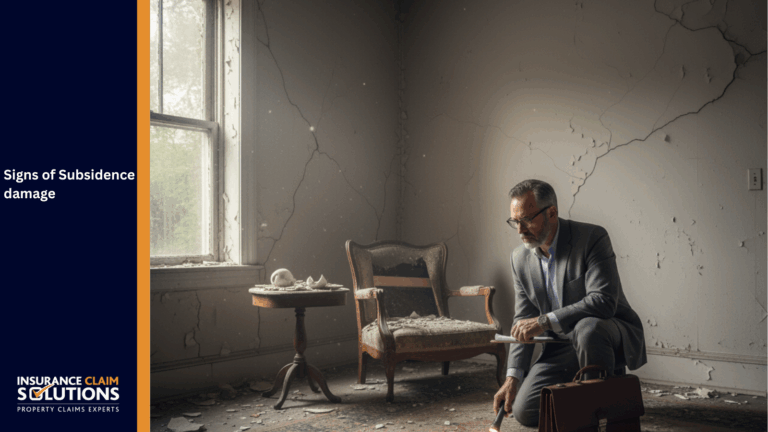 A man in a suit inspects major wall cracks and debris in a derelict room as a sign of subsidence | Signs of Subsidence damage, What to Look For in Your Home for 2025