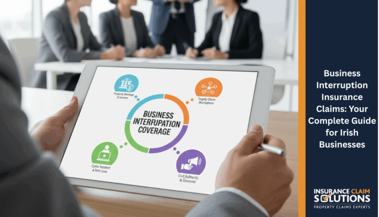 A person in a business meeting holds a tablet displaying a diagram on types of business interruption coverage.