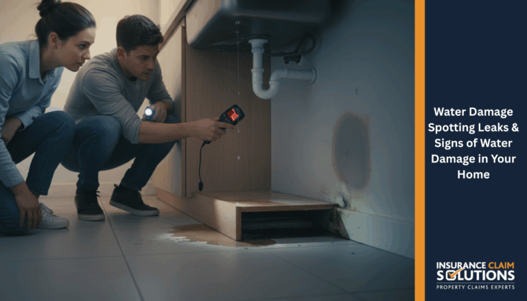 A man and the home owner squatting and inspecting a wet area under a kitchen sink where a pipe is leaking water into a puddle on the floor. The man is holding a digital thermal imager that shows a red reading, indicating a temperature difference, and a flashlight.