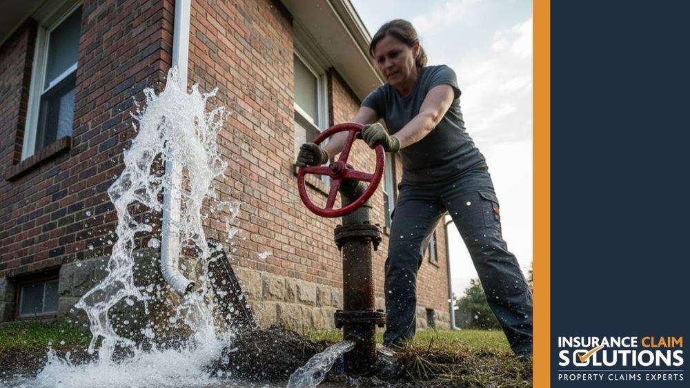 lady trying to turn off the pipe valve outside her house | the claim process