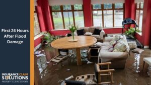 living room with red walls flooded with rain dirty water | First 24 Hours After Flood Damage: A Step-by-Step Guide
