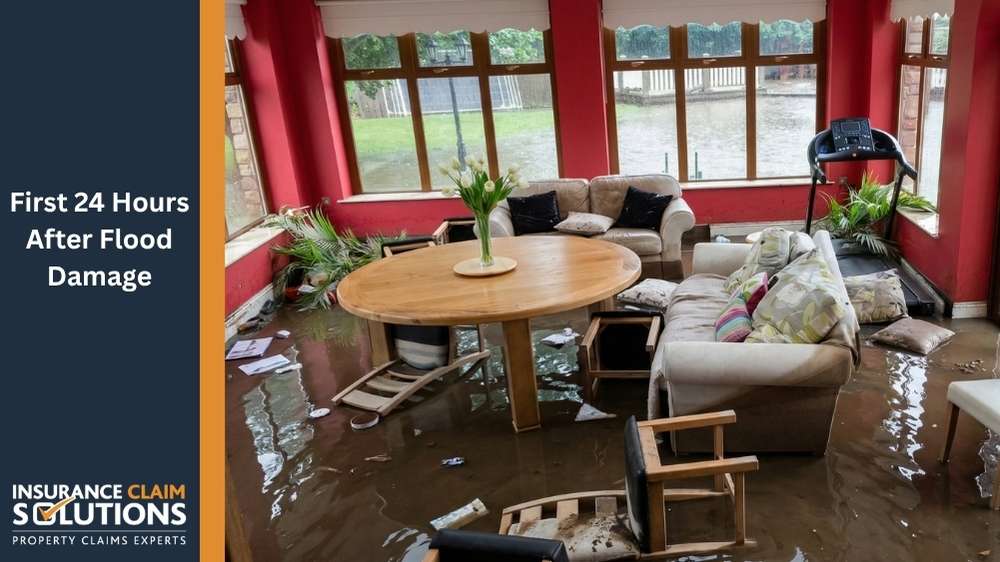 living room with red walls flooded with rain dirty water | First 24 Hours After Flood Damage: A Step-by-Step Guide