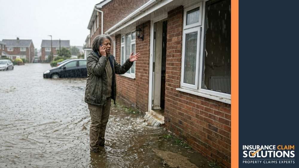 First 24 Hours After Flood Damage: A Step-by-Step Guide 1 lady on her phone outside a house with water pouring out from the front door | First 24 Hours After Flood Damage: A Step-by-Step Guide