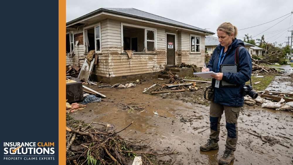 First 24 Hours After Flood Damage: A Step-by-Step Guide 6 loss assessor holding a checklist and a camera while standing in front of a storm damaged home | First 24 Hours After Flood Damage: A Step-by-Step Guide